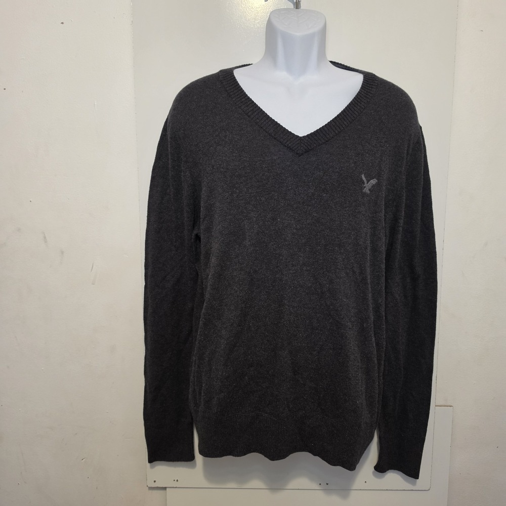 American Eagle Outfitters Vintage Fit Men's L Gray V-Neck Cotton Sweater Logo